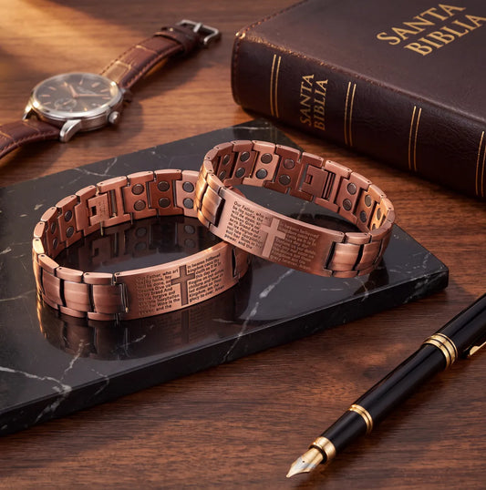 Pulsera Cristiana de cobre con cruz y Padre Nuestro