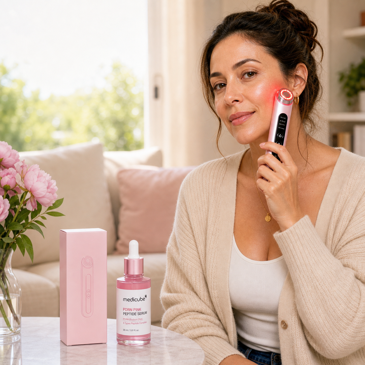 Mujer usando Booster Pro Duo con sérum Medicube